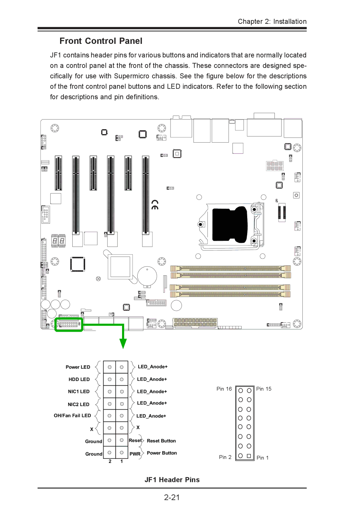 SUPER MICRO Computer C7Z87-OCE user manual Front Control Panel, JF1 Header Pins 