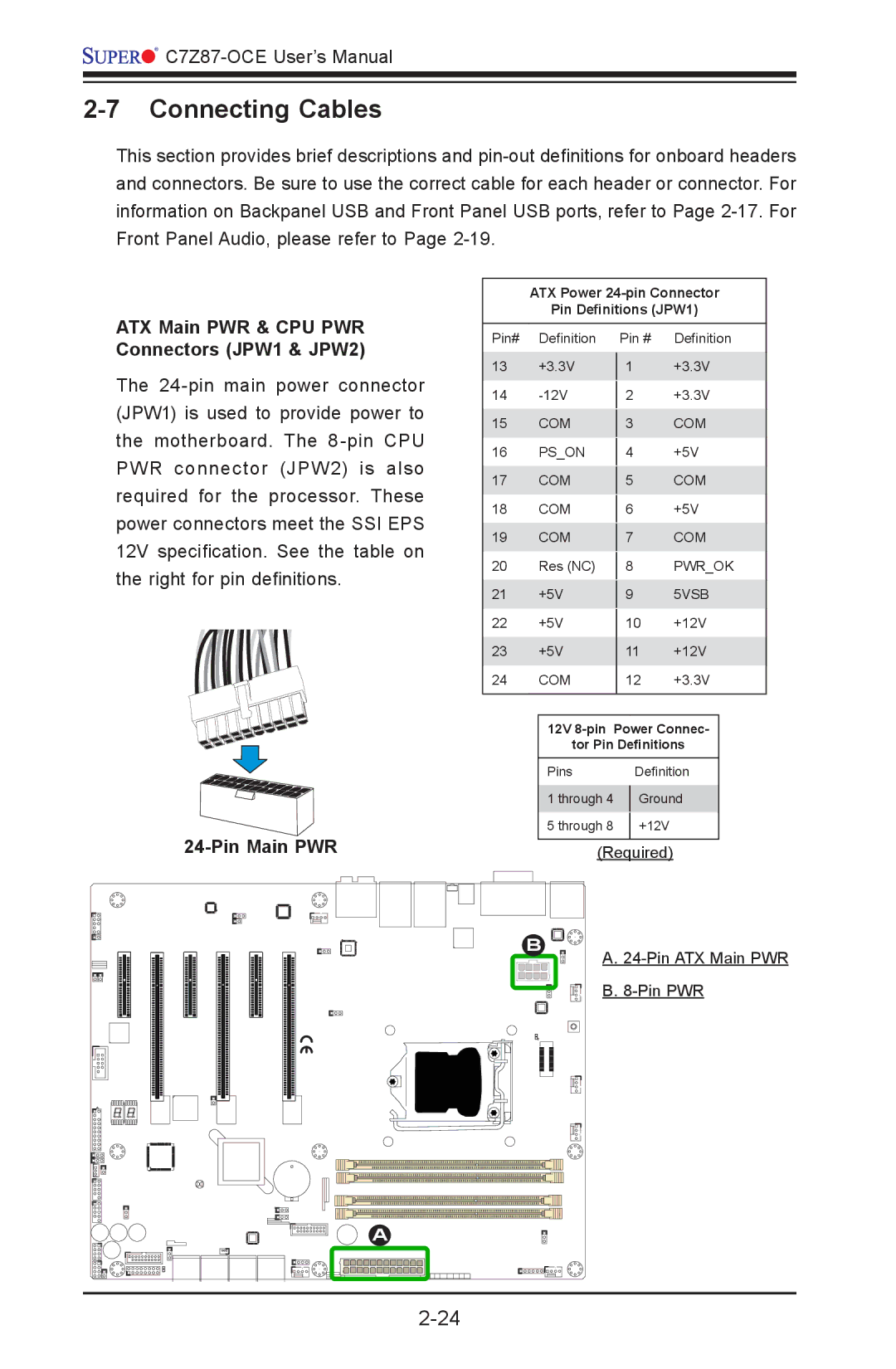 SUPER MICRO Computer C7Z87-OCE user manual Connecting Cables, ATX Main PWR & CPU PWR Connectors JPW1 & JPW2, Pin Main PWR 