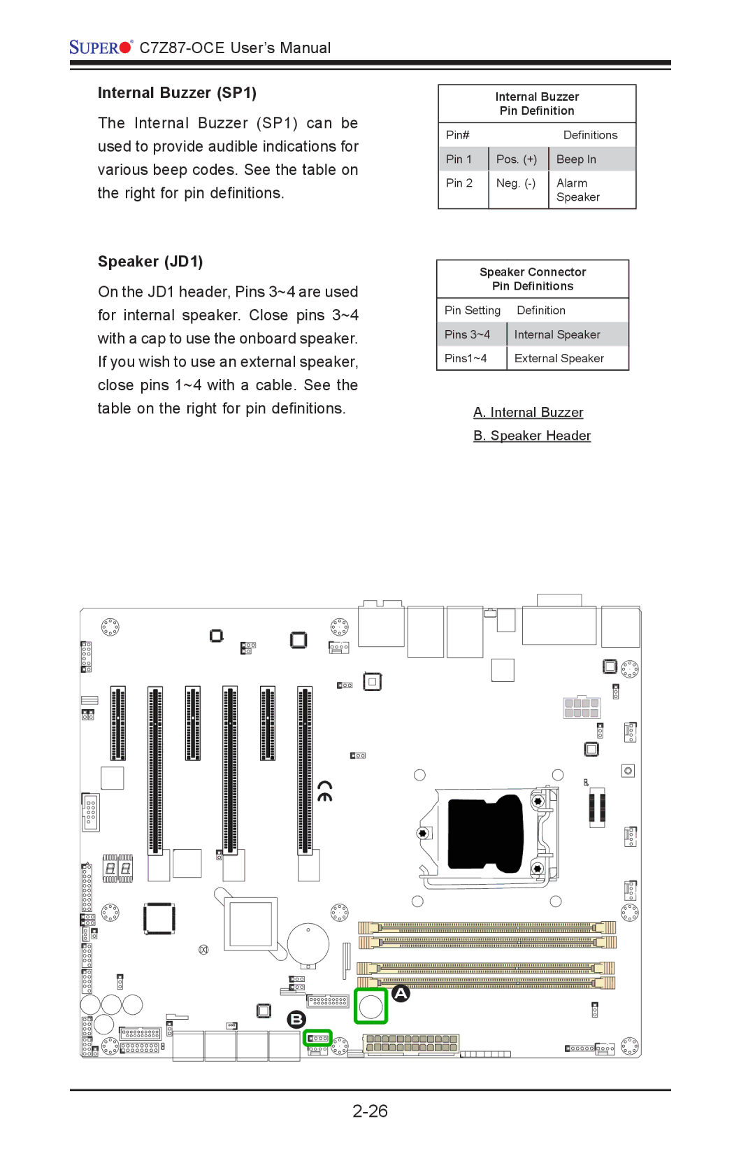 SUPER MICRO Computer C7Z87-OCE user manual Internal Buzzer SP1, Speaker JD1 