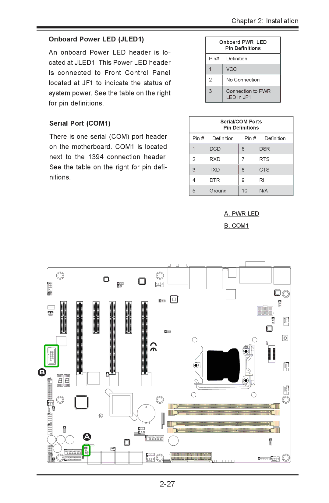 SUPER MICRO Computer C7Z87-OCE user manual Onboard Power LED JLED1, Serial Port COM1 