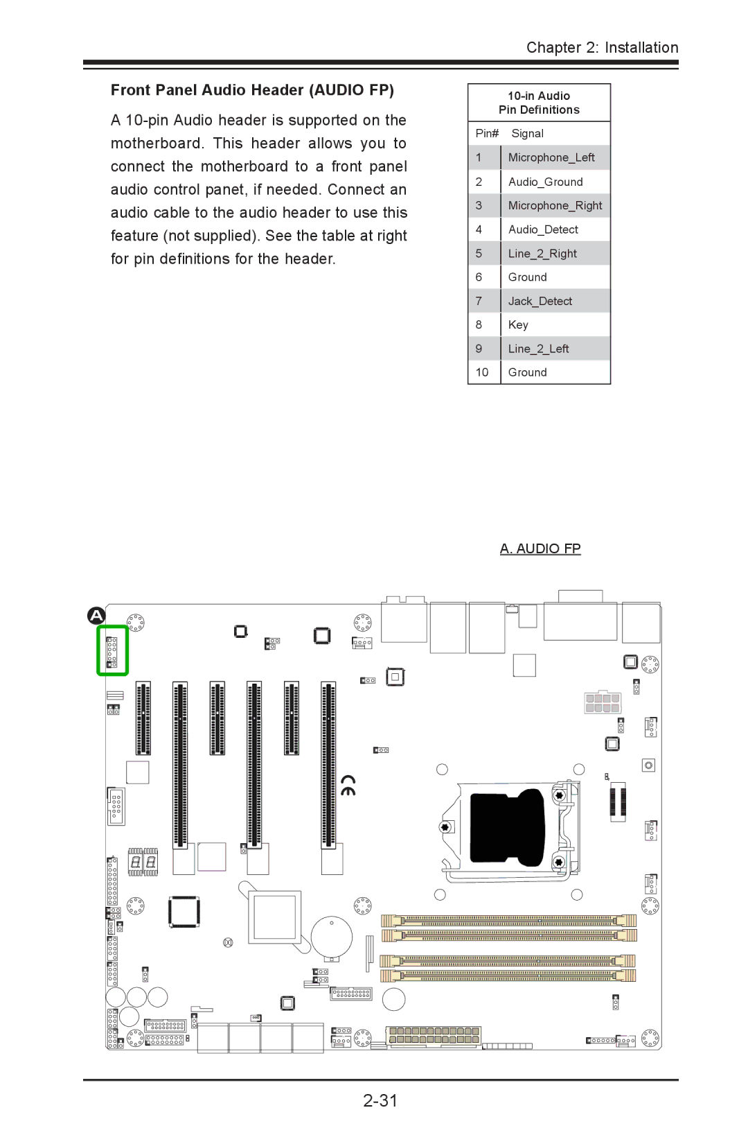 SUPER MICRO Computer C7Z87-OCE user manual Front Panel Audio Header Audio FP, Audio Pin Definitions 