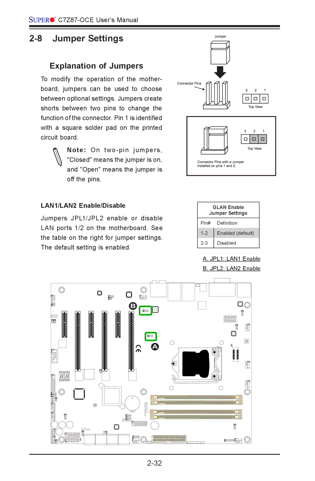 SUPER MICRO Computer C7Z87-OCE user manual Jumper Settings, Explanation of Jumpers, LAN1/LAN2 Enable/Disable 