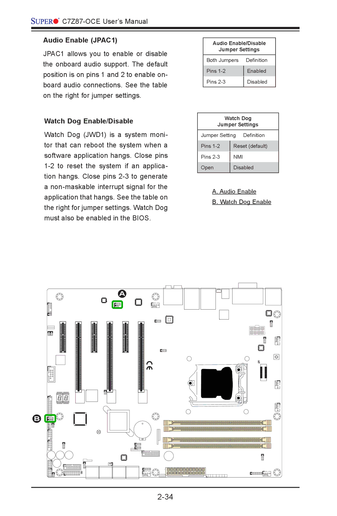 SUPER MICRO Computer C7Z87-OCE user manual Audio Enable JPAC1, Watch Dog Enable/Disable 