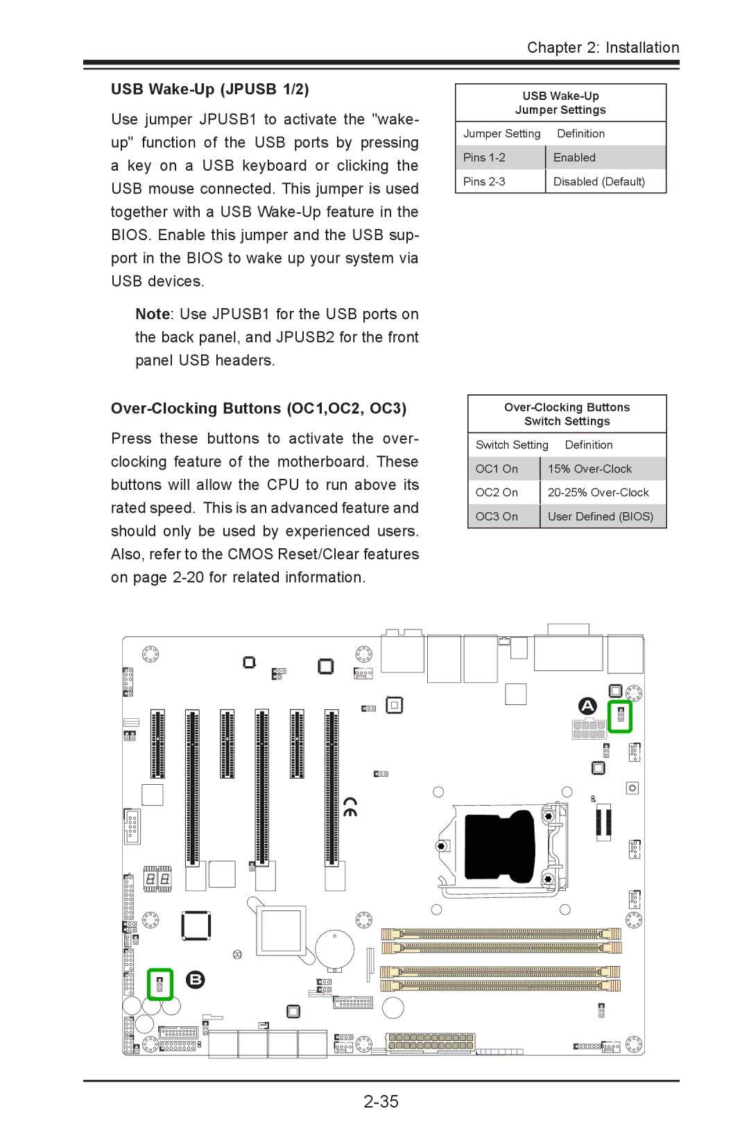 SUPER MICRO Computer C7Z87-OCE user manual USB Wake-Up Jpusb 1/2, Over-Clocking Buttons OC1,OC2, OC3 