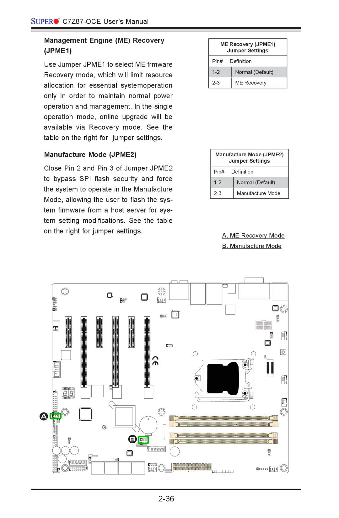 SUPER MICRO Computer C7Z87-OCE user manual Management Engine ME Recovery JPME1, Manufacture Mode JPME2 