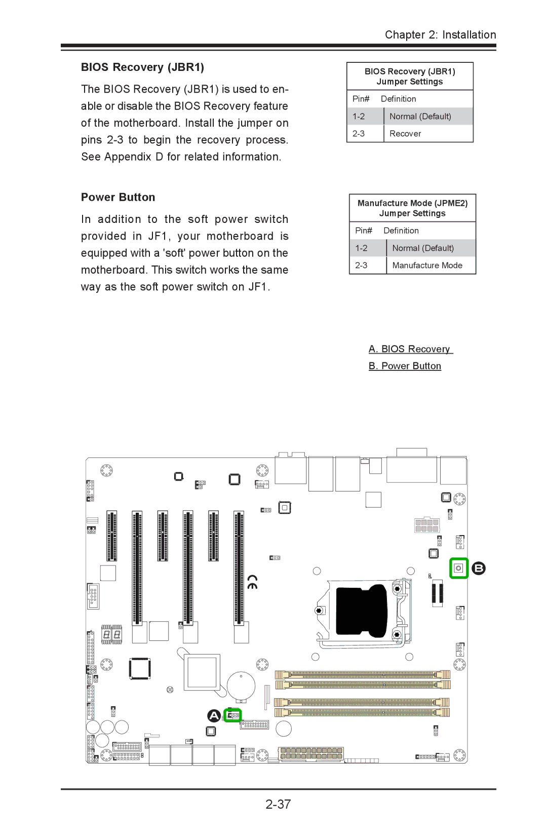 SUPER MICRO Computer C7Z87-OCE user manual Bios Recovery JBR1, Power Button 