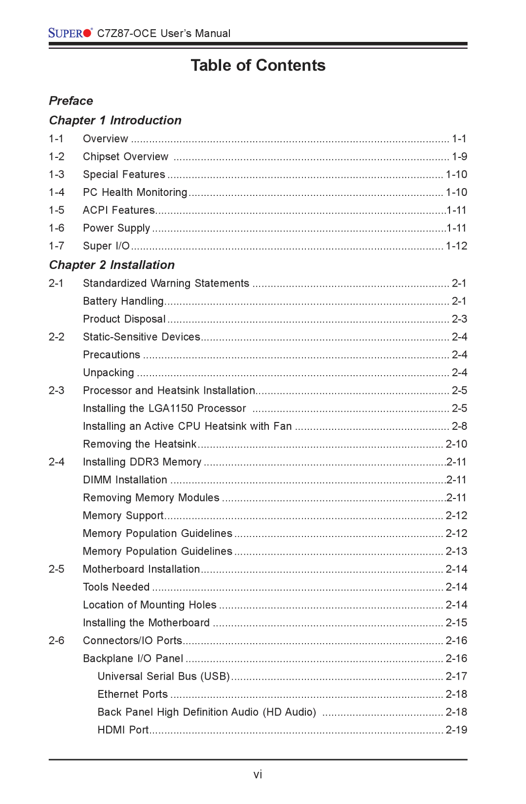 SUPER MICRO Computer C7Z87-OCE user manual Table of Contents 