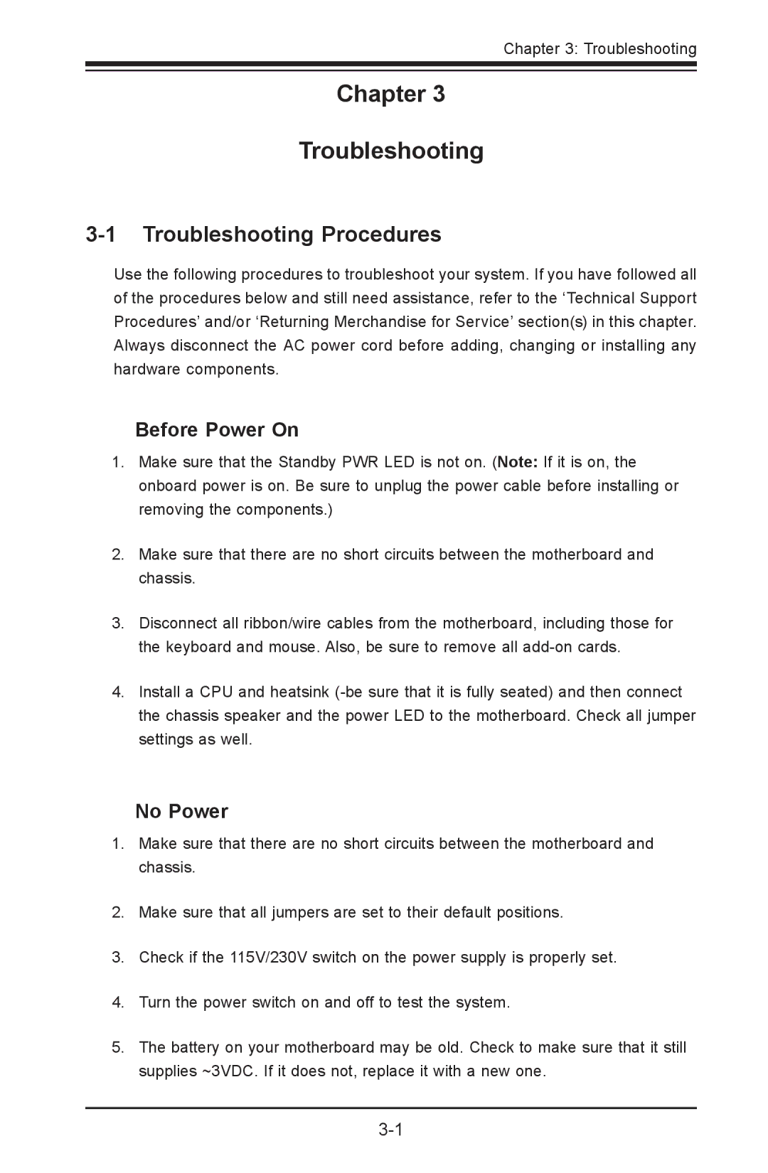 SUPER MICRO Computer C7Z87-OCE user manual Troubleshooting Procedures, Before Power On, No Power 