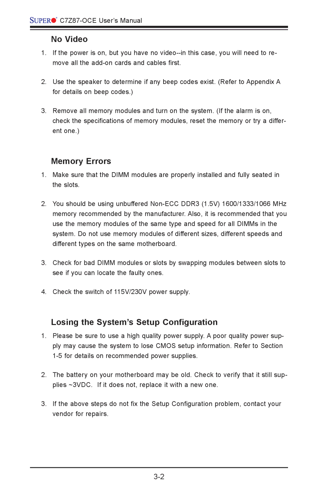 SUPER MICRO Computer C7Z87-OCE user manual No Video, Memory Errors, Losing the System’s Setup Configuration 