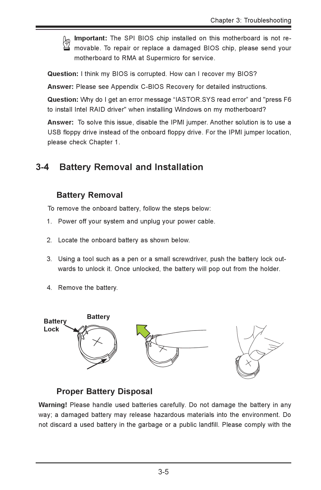 SUPER MICRO Computer C7Z87-OCE user manual Battery Removal and Installation, Proper Battery Disposal, Battery Battery Lock 