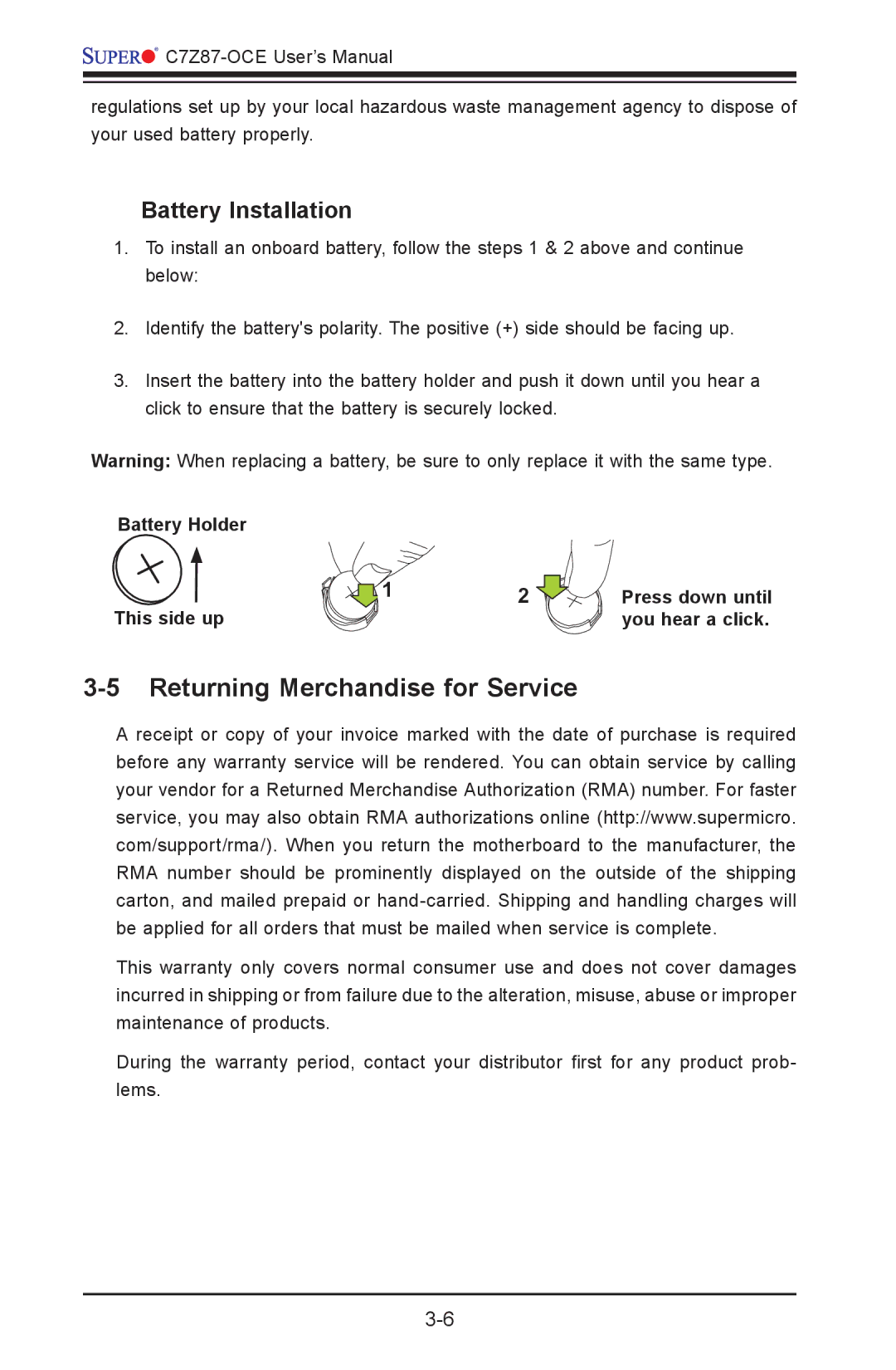 SUPER MICRO Computer C7Z87-OCE user manual Returning Merchandise for Service, Battery Installation 