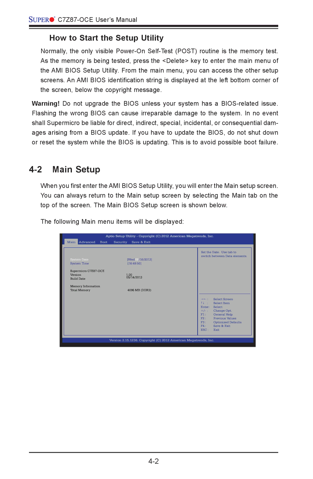 SUPER MICRO Computer C7Z87-OCE user manual Main Setup, How to Start the Setup Utility 