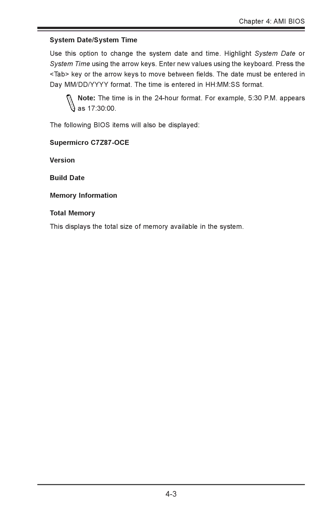 SUPER MICRO Computer C7Z87-OCE user manual System Date/System Time 