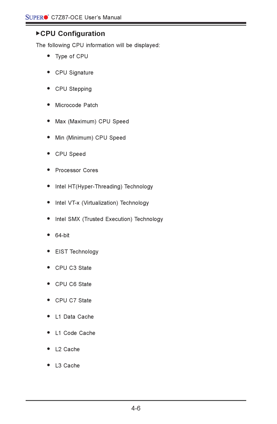 SUPER MICRO Computer C7Z87-OCE user manual CPU Configuration 