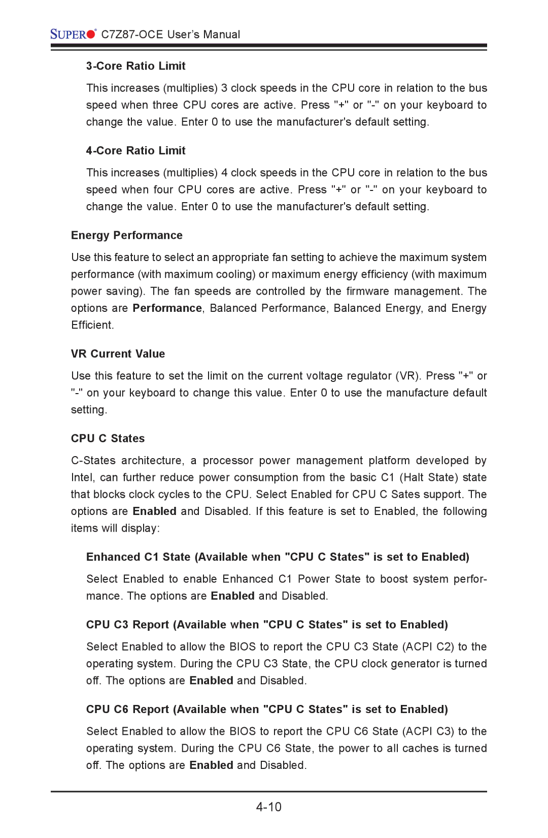 SUPER MICRO Computer C7Z87-OCE user manual Energy Performance, VR Current Value, CPU C States 