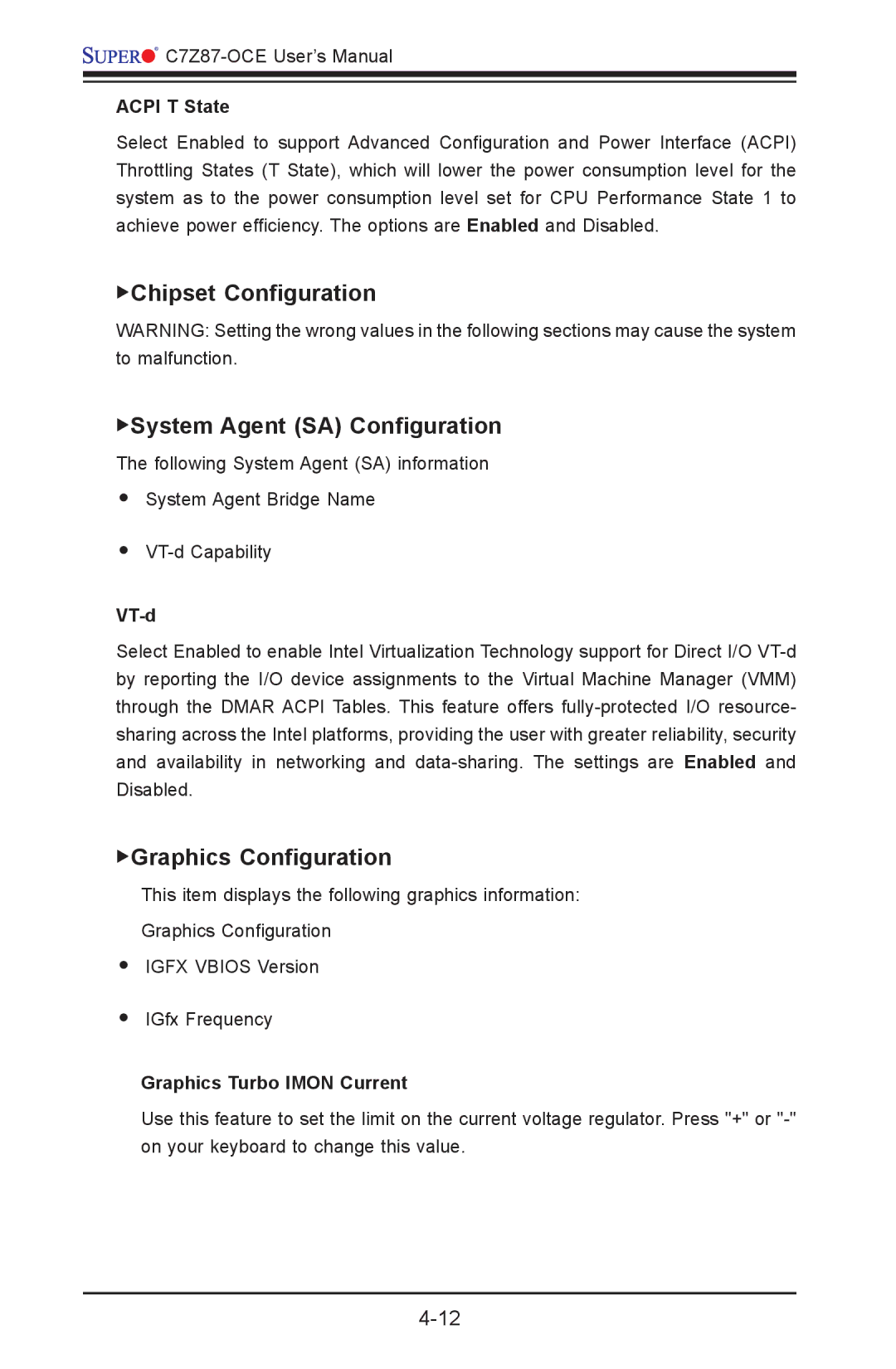 SUPER MICRO Computer C7Z87-OCE Chipset Configuration System Agent SA Configuration, Graphics Configuration, VT-d 