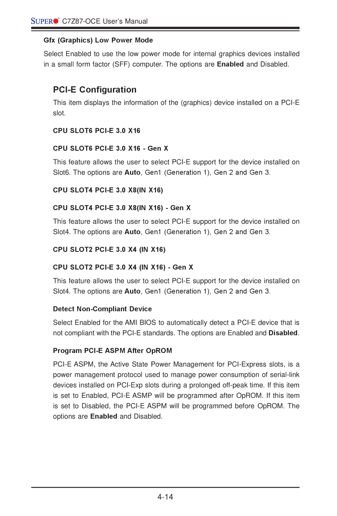 SUPER MICRO Computer C7Z87-OCE user manual PCI-E Configuration, CPU SLOT6 PCI-E 3.0 