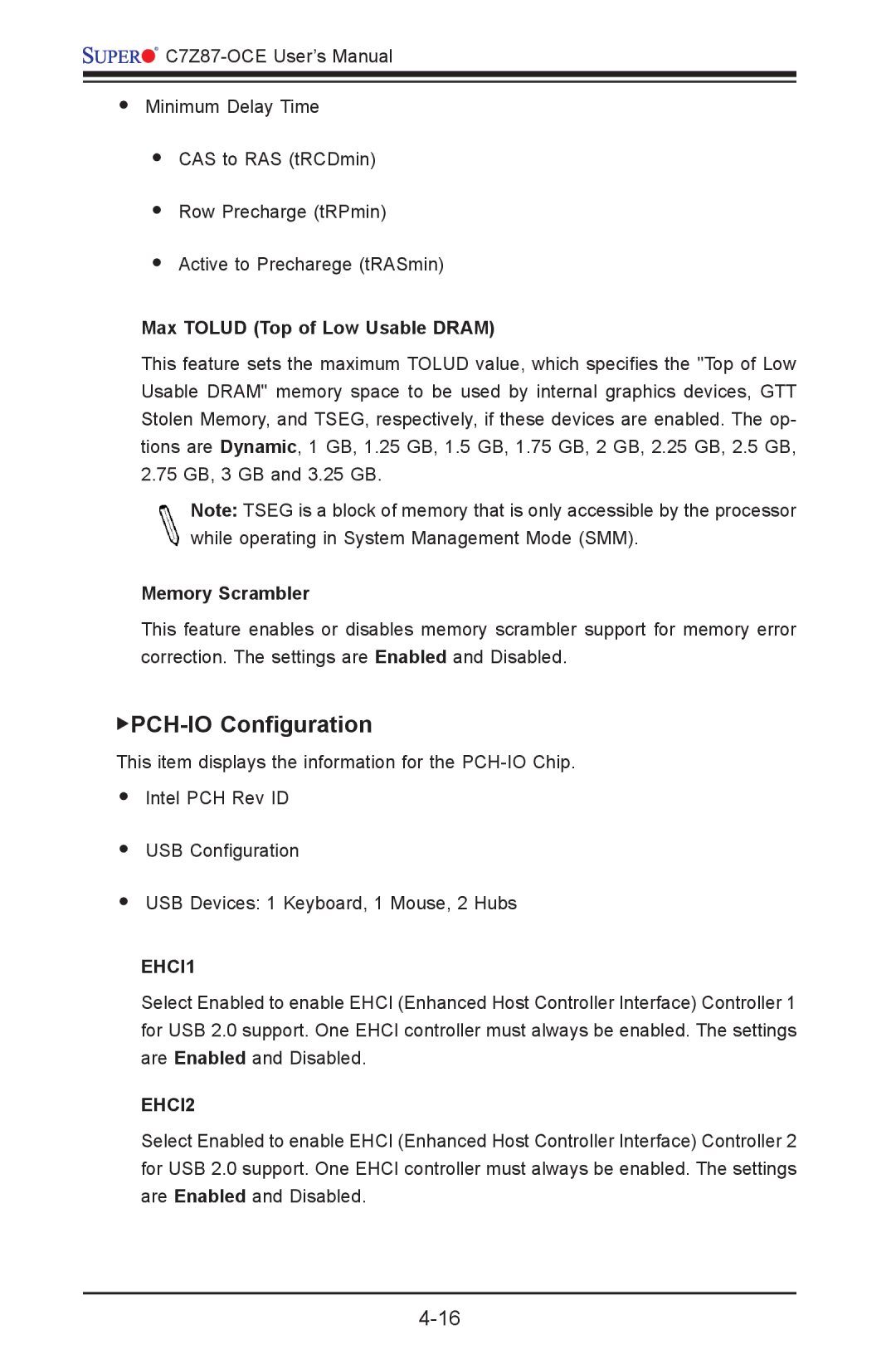 SUPER MICRO Computer C7Z87-OCE PCH-IO Configuration, Max Tolud Top of Low Usable Dram, Memory Scrambler, EHCI1, EHCI2 