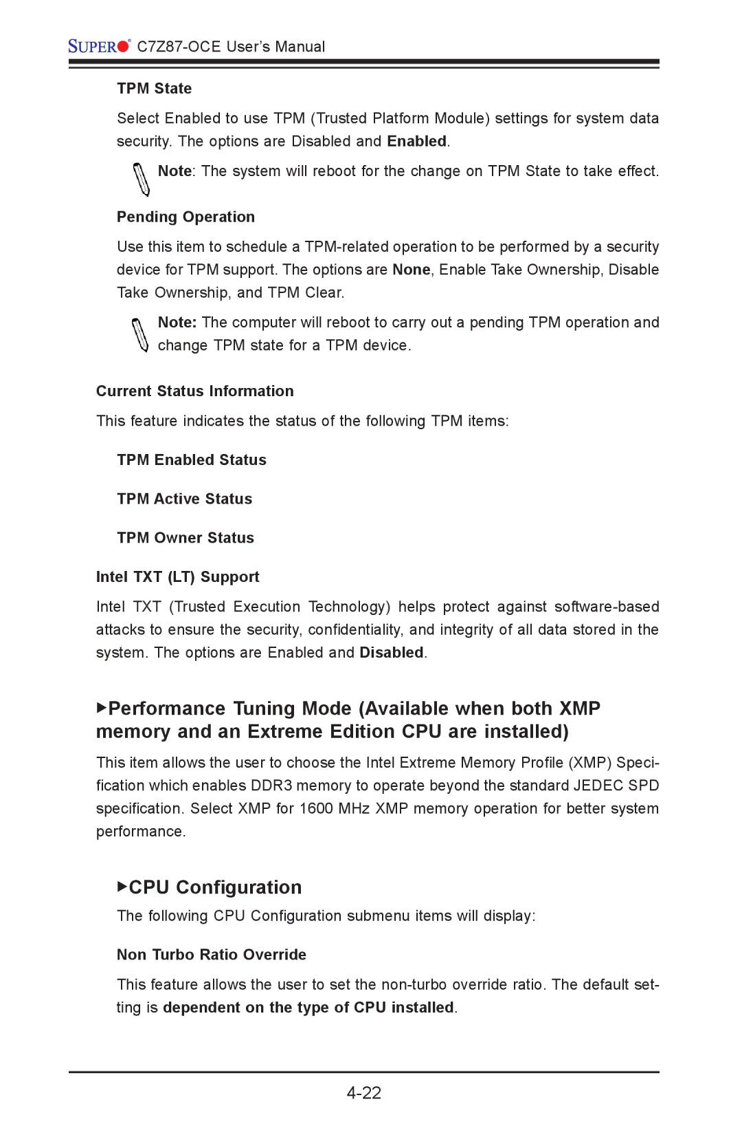 SUPER MICRO Computer C7Z87-OCE TPM State, Pending Operation, Current Status Information, Non Turbo Ratio Override 