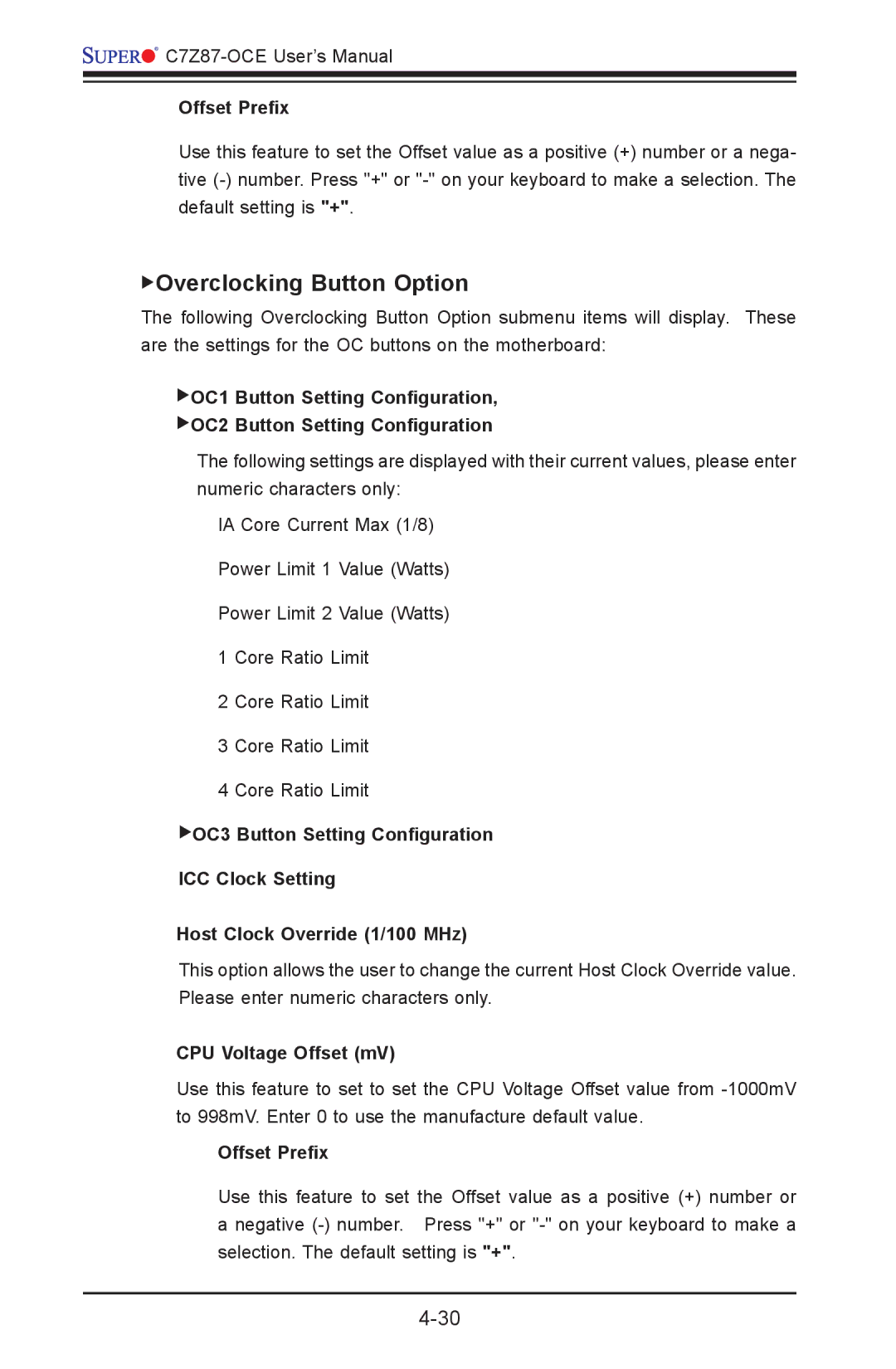 SUPER MICRO Computer C7Z87-OCE user manual Overclocking Button Option, CPU Voltage Offset mV 