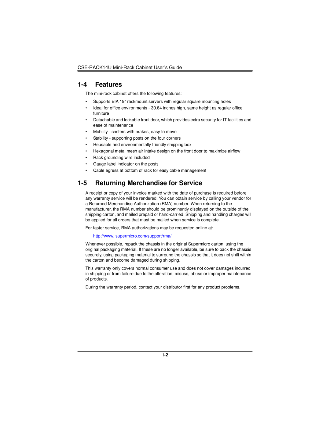 SUPER MICRO Computer CSE-RACK14U manual Features, Returning Merchandise for Service 