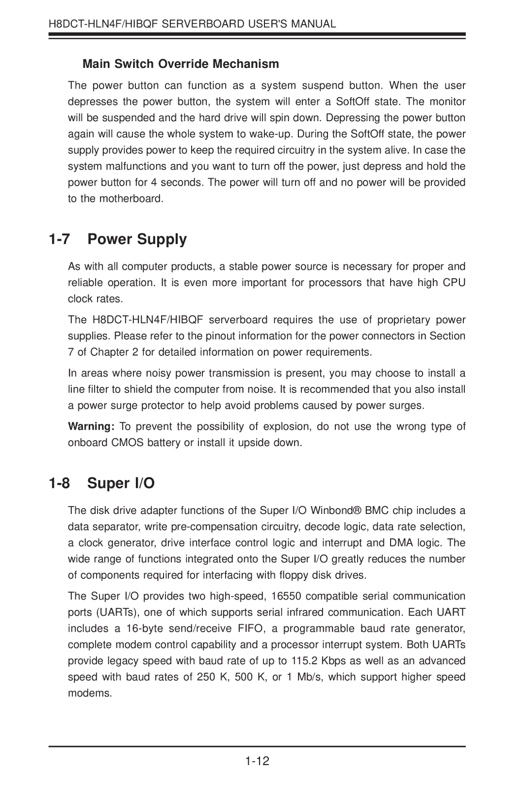 SUPER MICRO Computer H8DCT-HLN4F user manual Power Supply, Super I/O, Main Switch Override Mechanism 