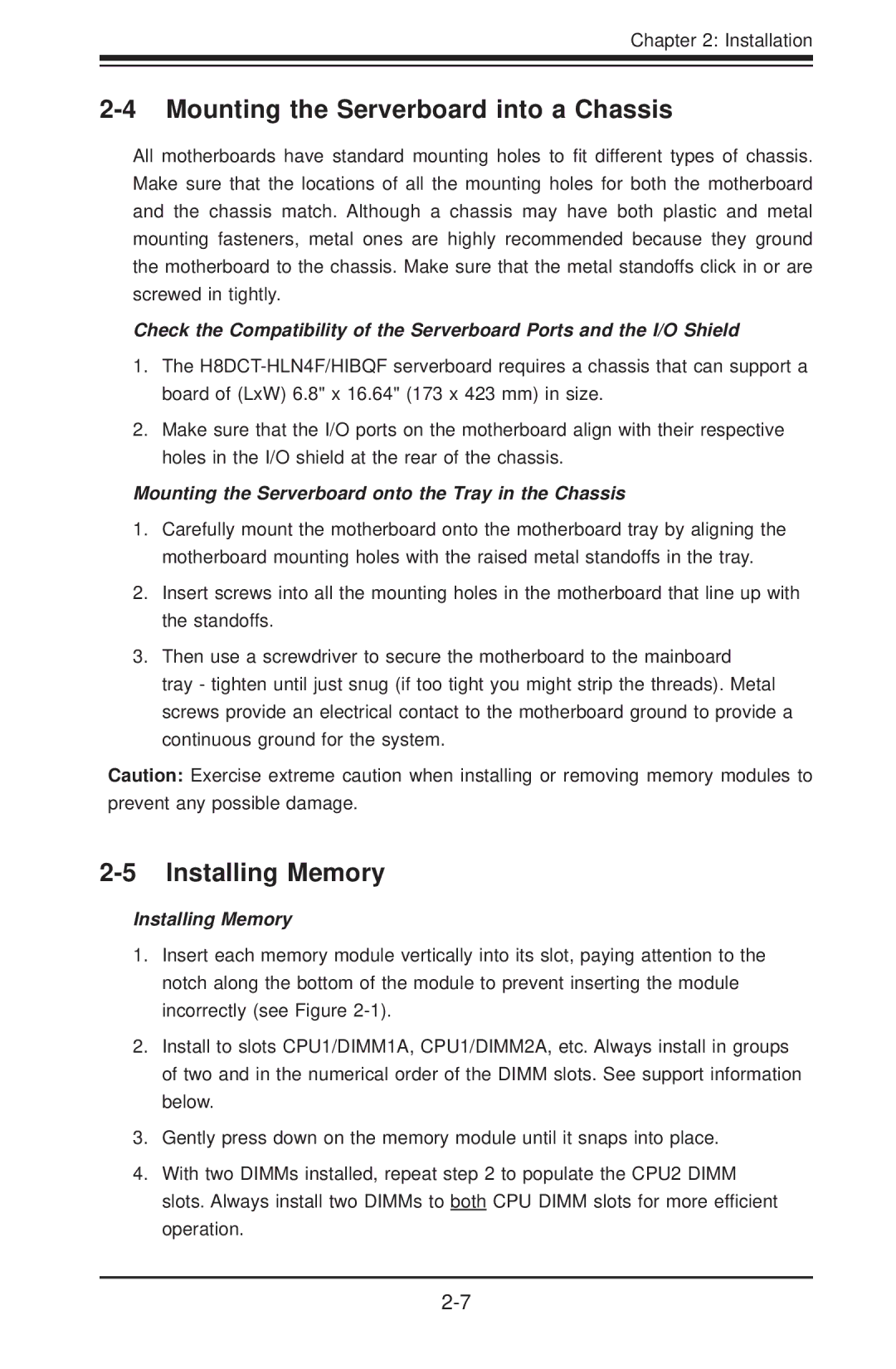 SUPER MICRO Computer H8DCT-HLN4F user manual Mounting the Serverboard into a Chassis, Installing Memory 