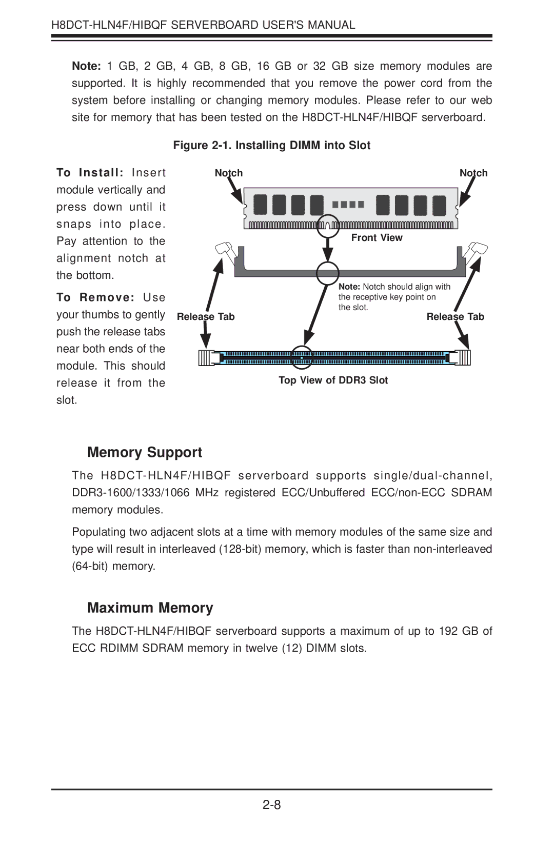 SUPER MICRO Computer H8DCT-HLN4F user manual Memory Support, Maximum Memory 