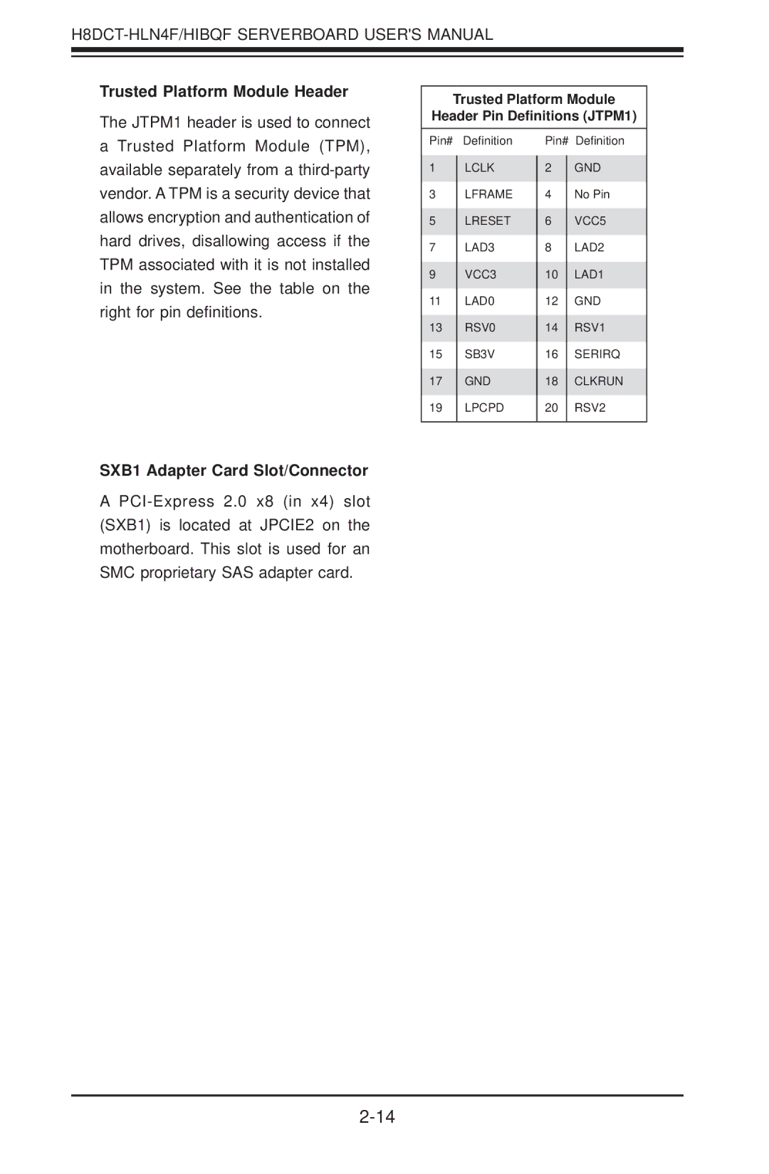 SUPER MICRO Computer H8DCT-HLN4F user manual Trusted Platform Module Header, SXB1 Adapter Card Slot/Connector 