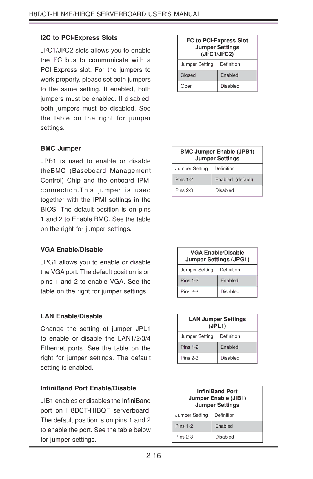 SUPER MICRO Computer H8DCT-HLN4F user manual I2C to PCI-Express Slots, BMC Jumper, VGA Enable/Disable, LAN Enable/Disable 