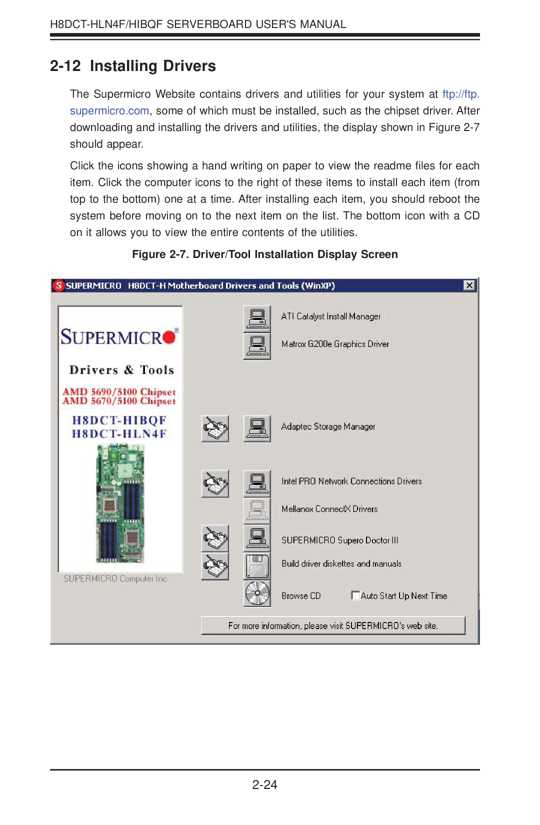 SUPER MICRO Computer H8DCT-HLN4F user manual Installing Drivers, Driver/Tool Installation Display Screen 