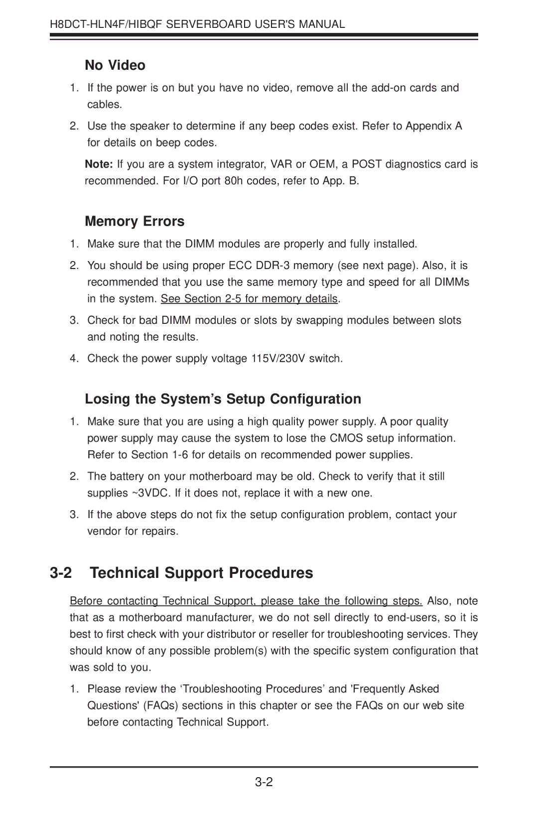 SUPER MICRO Computer H8DCT-HLN4F user manual Technical Support Procedures, No Video, Memory Errors 