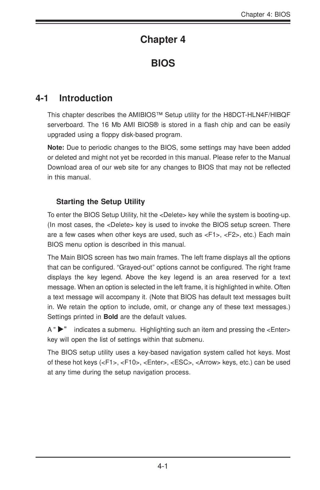 SUPER MICRO Computer H8DCT-HLN4F user manual Chapter, Introduction, Starting the Setup Utility 