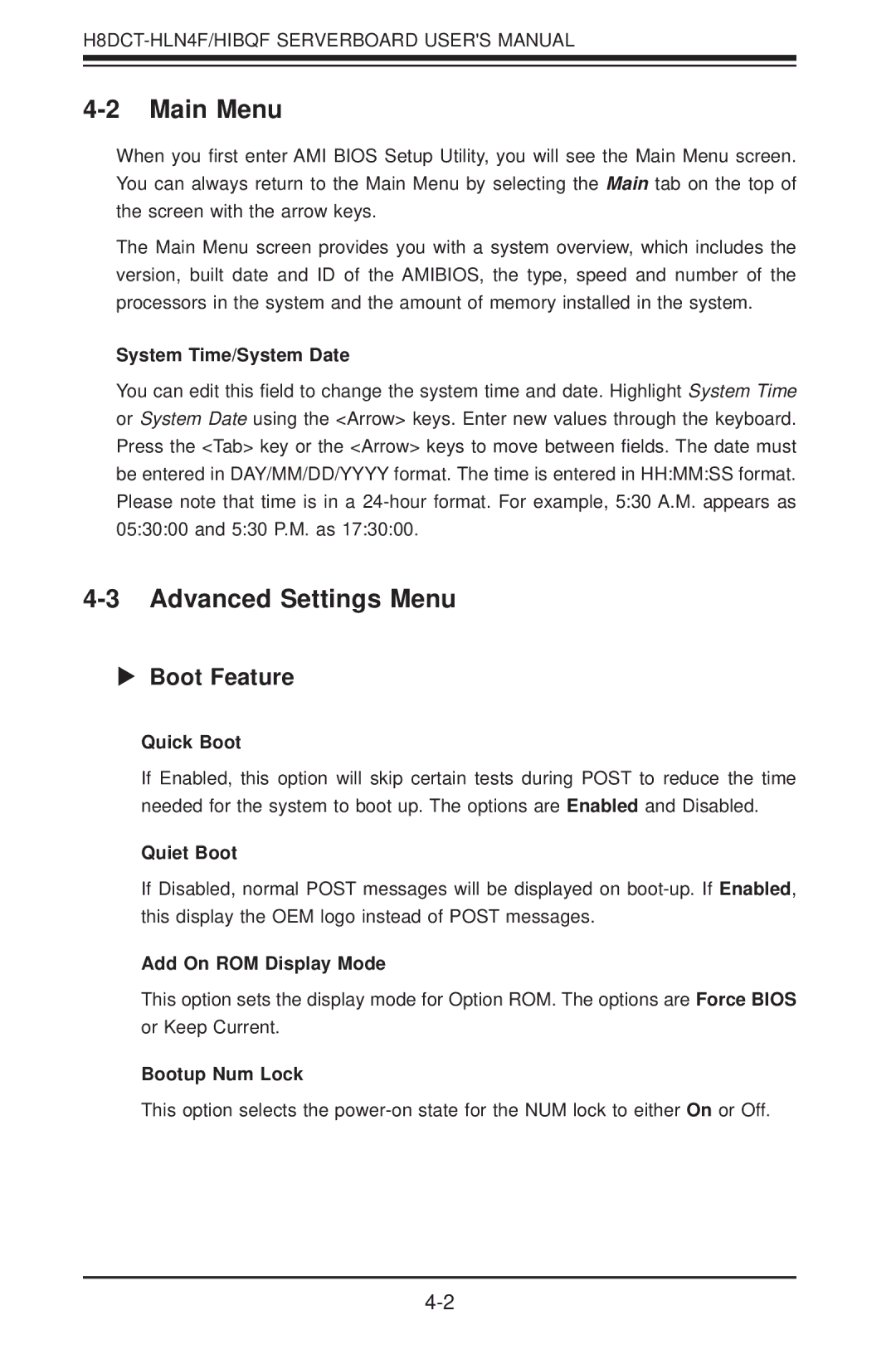 SUPER MICRO Computer H8DCT-HLN4F user manual Main Menu, Advanced Settings Menu,  Boot Feature 