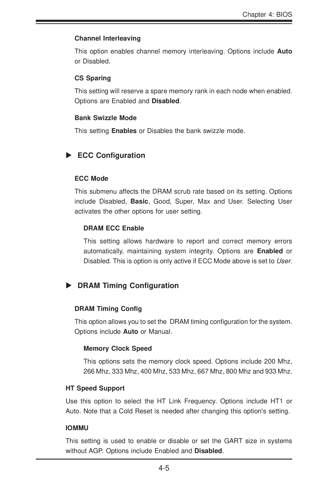 SUPER MICRO Computer H8DCT-HLN4F user manual  ECC Conﬁguration,  Dram Timing Conﬁguration 