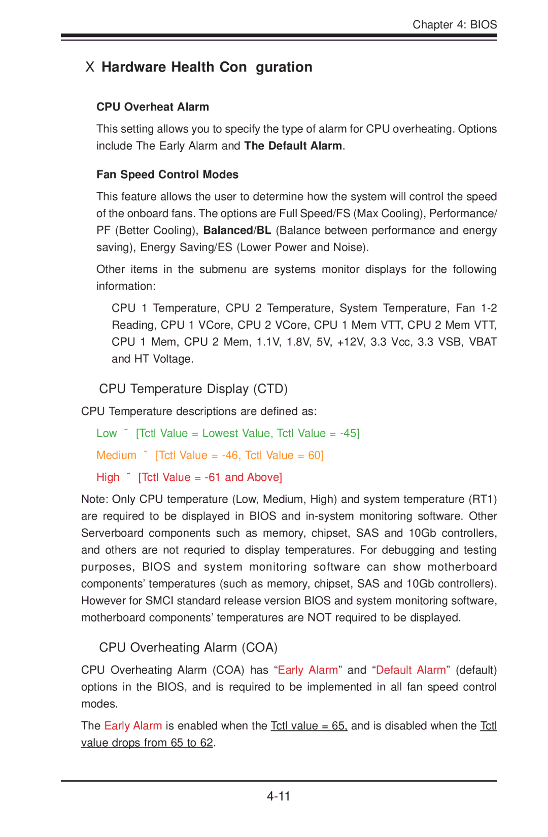 SUPER MICRO Computer H8DCT-HLN4F user manual  Hardware Health Conﬁguration, CPU Overheat Alarm, Fan Speed Control Modes 