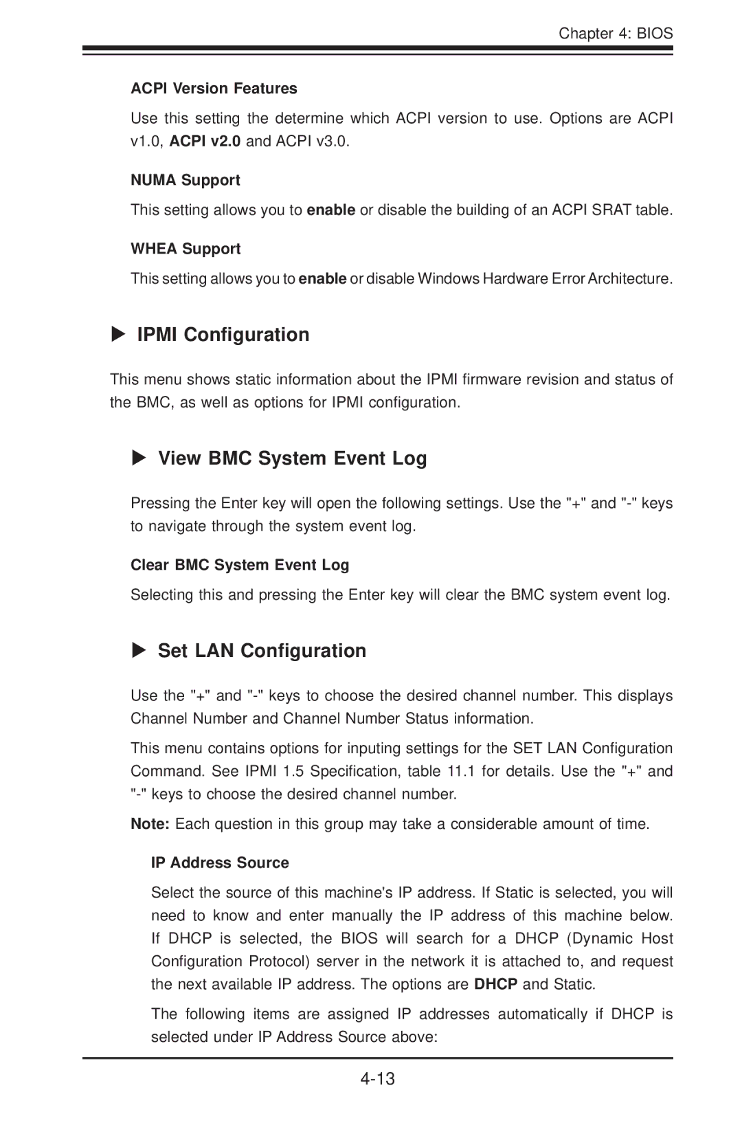 SUPER MICRO Computer H8DCT-HLN4F user manual  Ipmi Conﬁguration, View BMC System Event Log, Set LAN Conﬁguration 