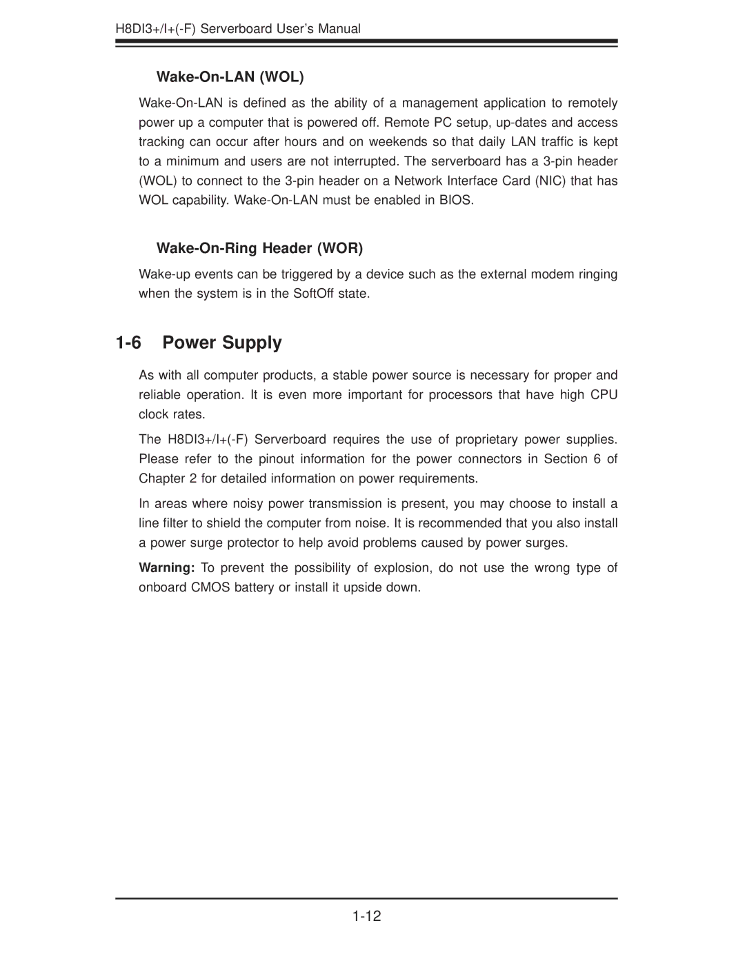 SUPER MICRO Computer H8DII+-F, H8DI3+-F user manual Power Supply, Wake-On-LAN WOL, Wake-On-Ring Header WOR 