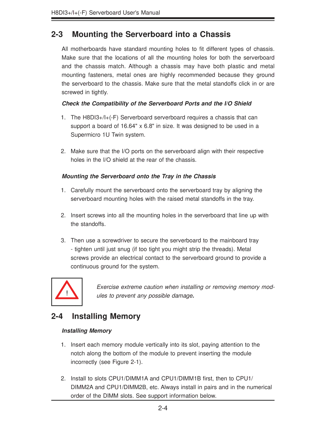 SUPER MICRO Computer H8DI3+-F, H8DII+-F user manual Mounting the Serverboard into a Chassis 