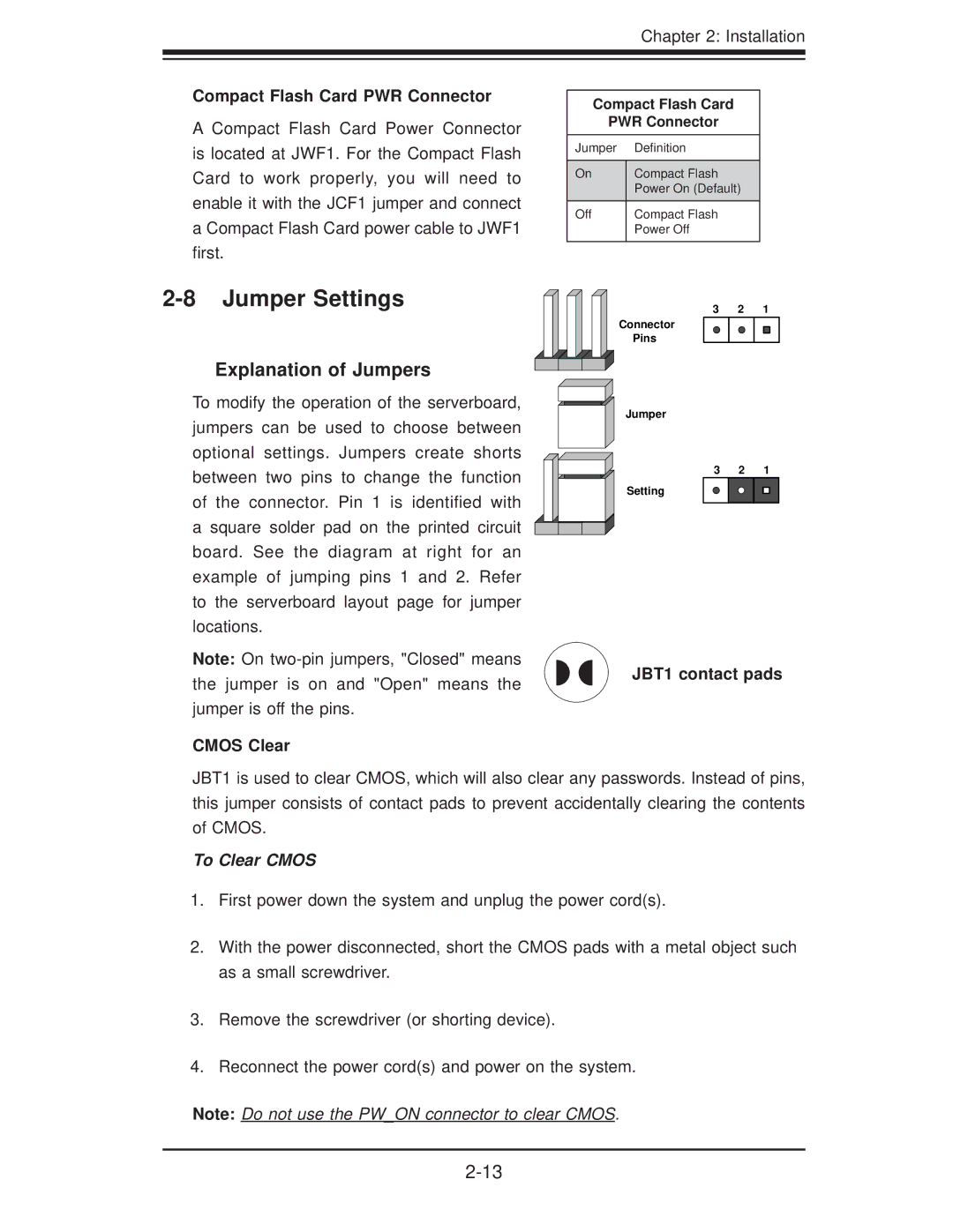 SUPER MICRO Computer H8DI3+, H8DII+ Jumper Settings, Explanation of Jumpers, Compact Flash Card PWR Connector, Cmos Clear 