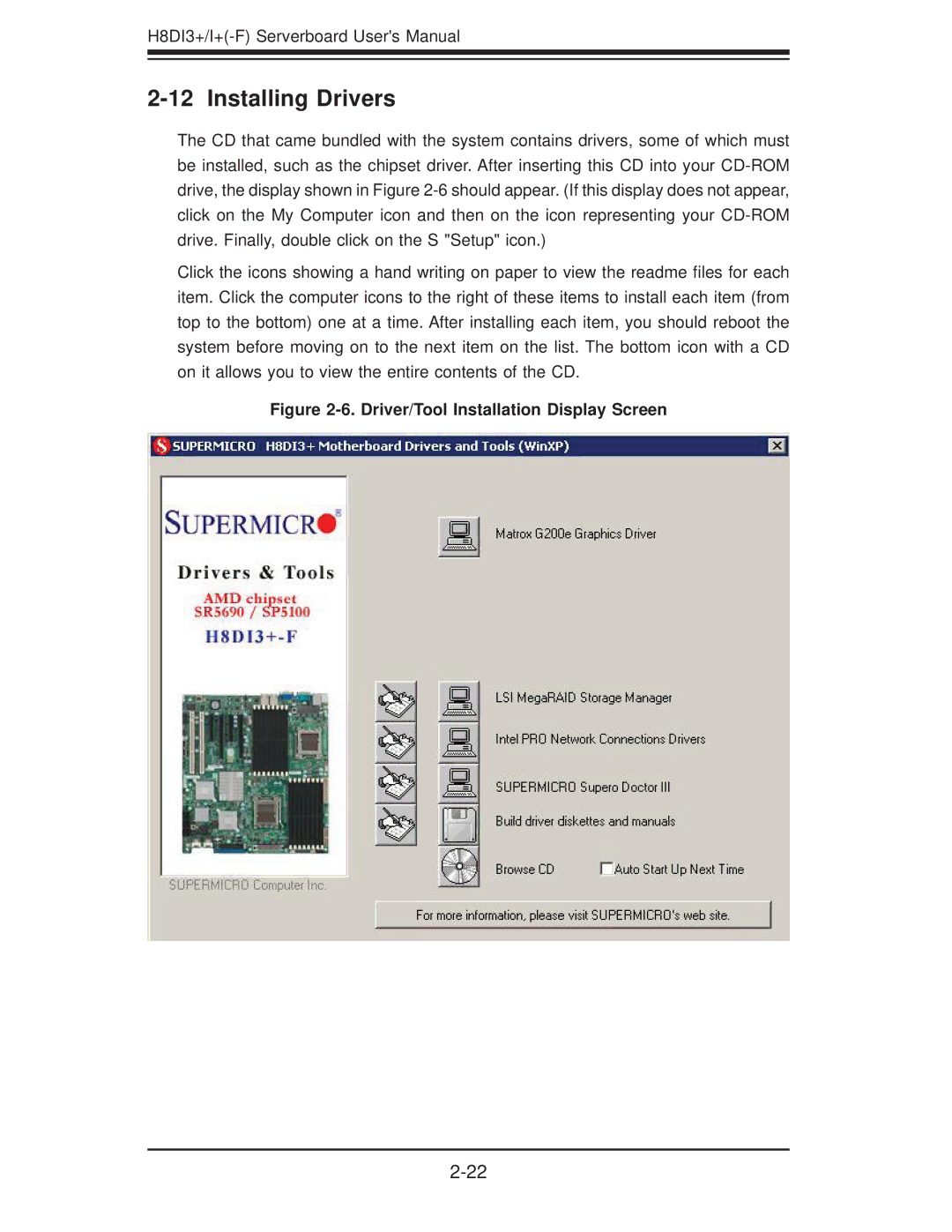 SUPER MICRO Computer H8DII+-F, H8DI3+-F user manual Installing Drivers, Driver/Tool Installation Display Screen 