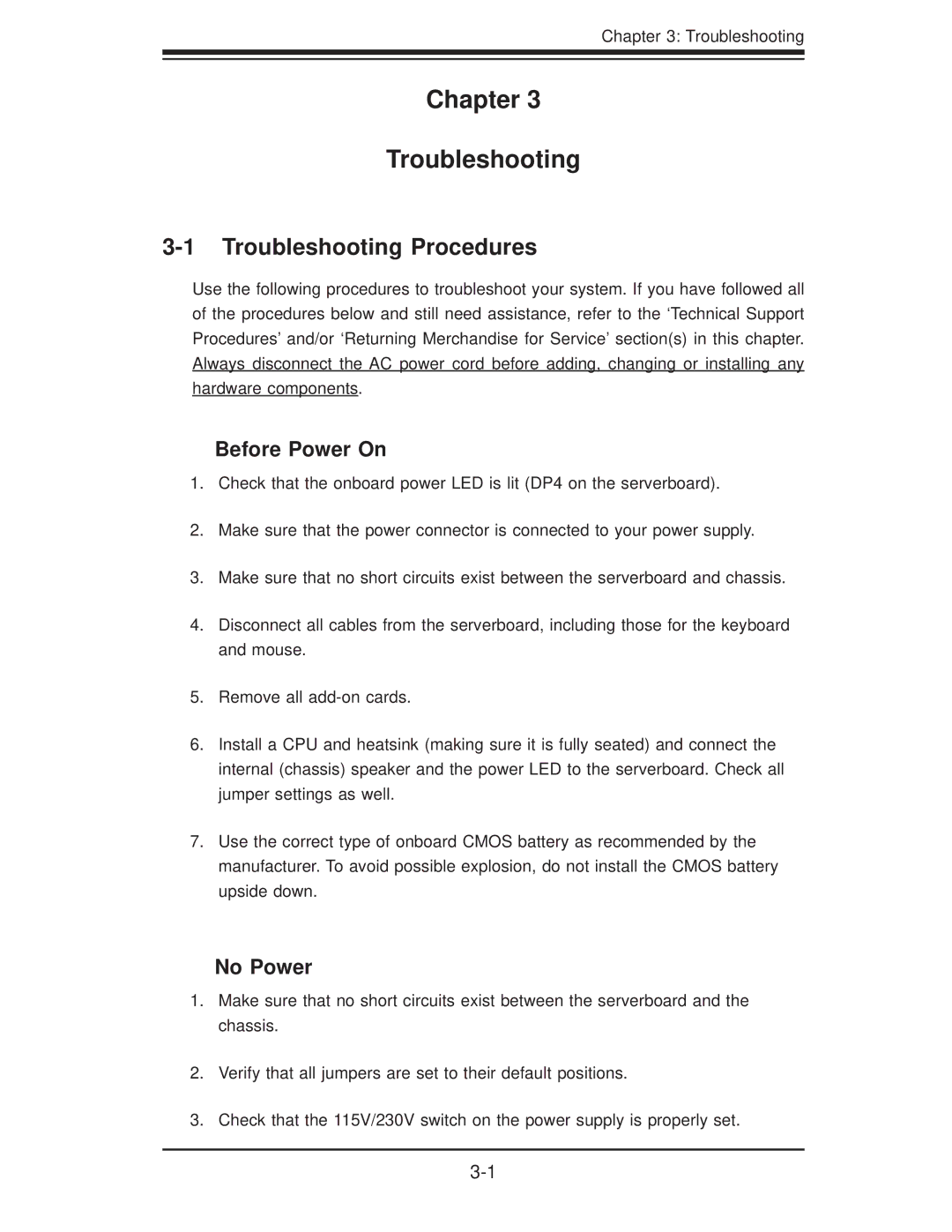 SUPER MICRO Computer H8DII+-F, H8DI3+-F user manual Troubleshooting Procedures, Before Power On, No Power 