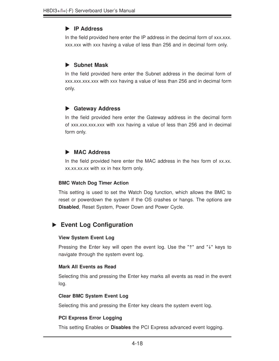 SUPER MICRO Computer H8DII+-F, H8DI3+-F Event Log Conﬁguration, IP Address, Subnet Mask, Gateway Address, MAC Address 