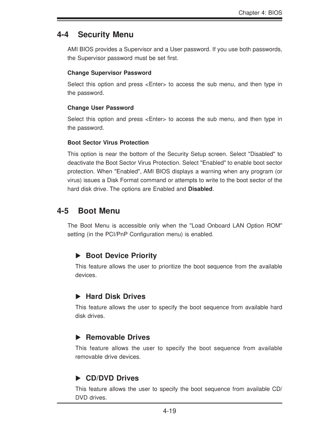 SUPER MICRO Computer H8DII+-F, H8DI3+-F user manual Security Menu, Boot Menu 