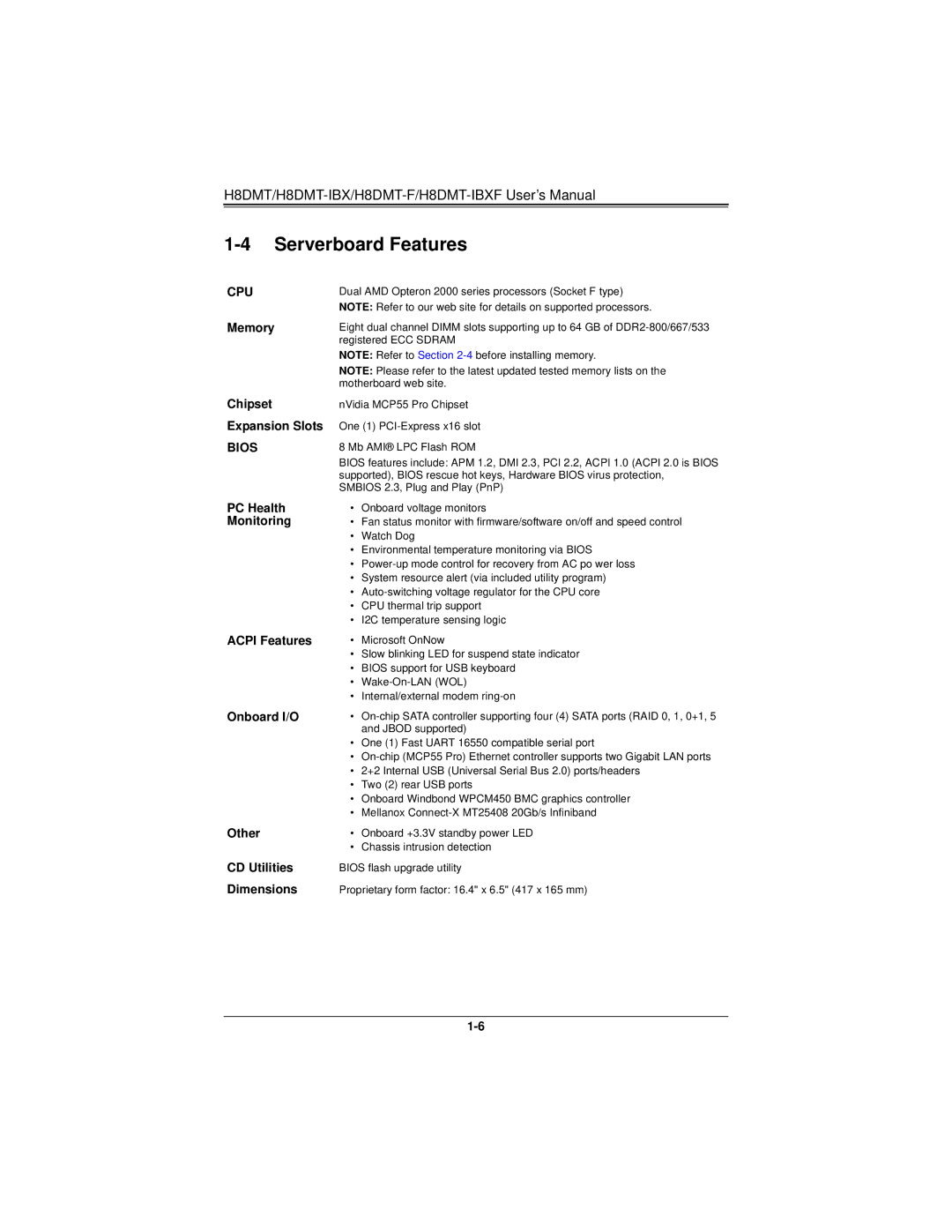 SUPER MICRO Computer H8DMT user manual Serverboard Features, Cpu 