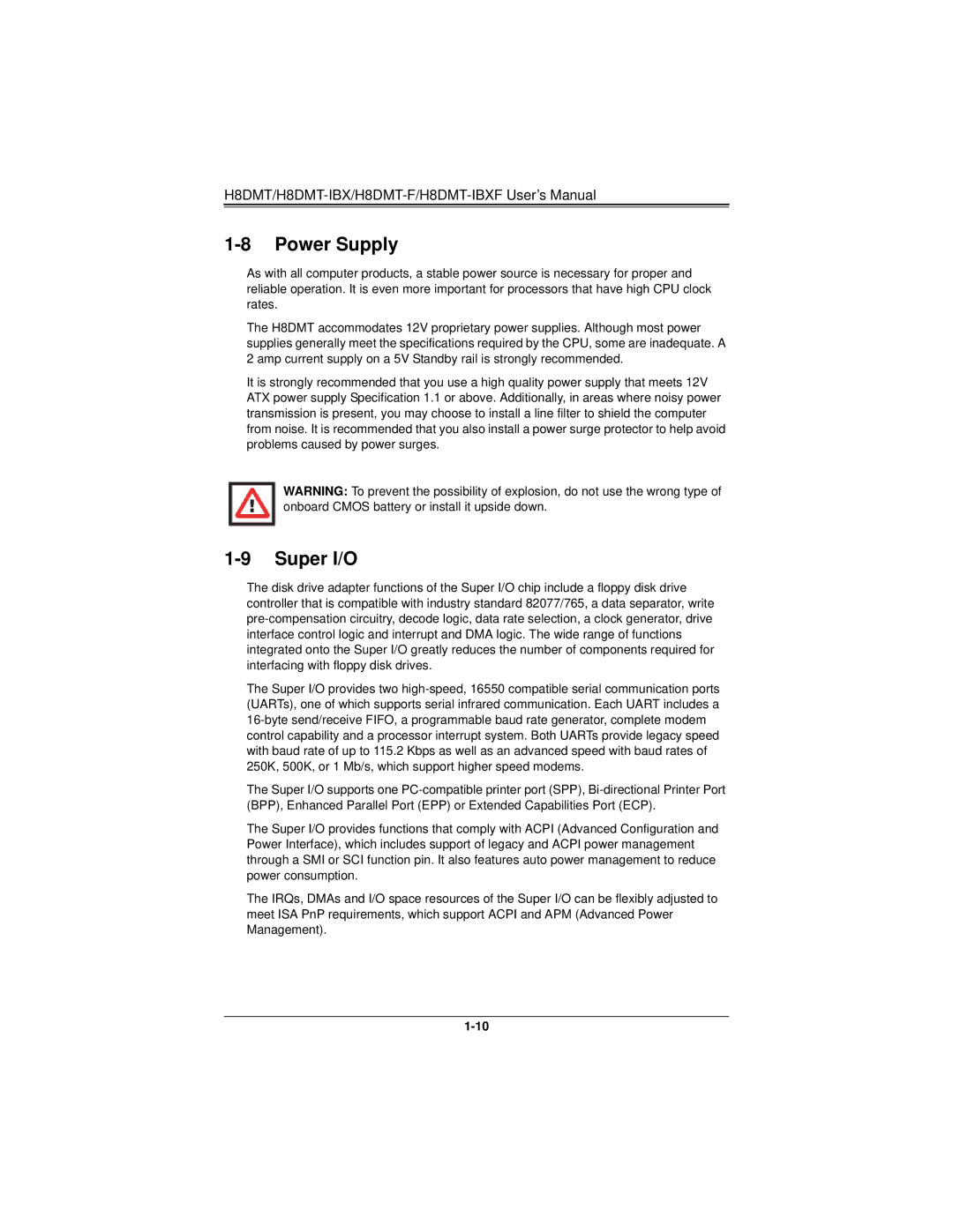 SUPER MICRO Computer H8DMT user manual Power Supply, Super I/O 