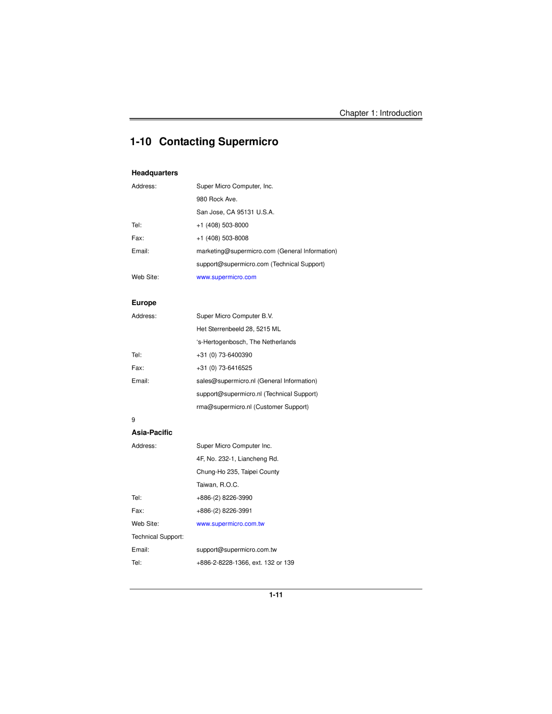 SUPER MICRO Computer H8DMT user manual Contacting Supermicro, Headquarters 