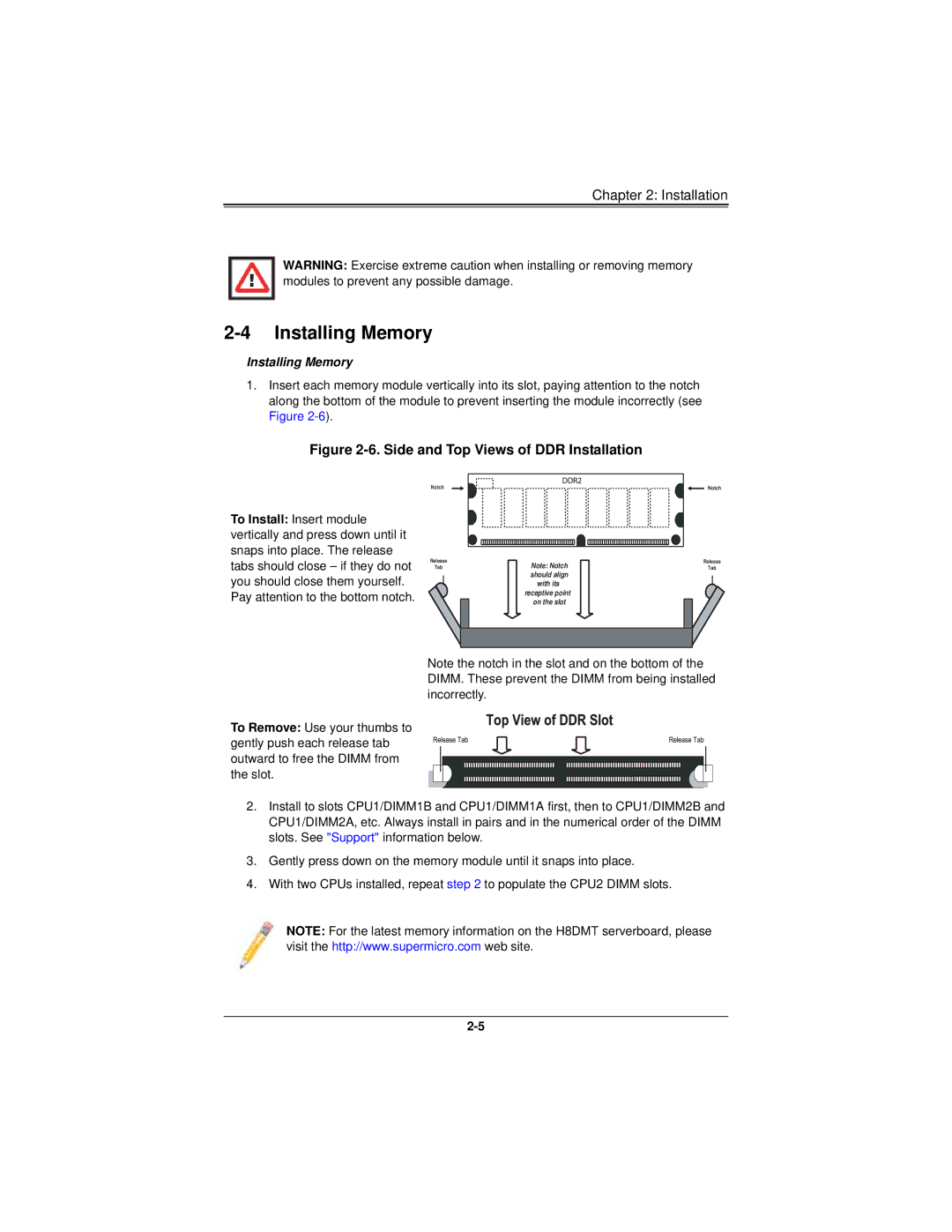 SUPER MICRO Computer H8DMT user manual Installing Memory, Side and Top Views of DDR Installation 