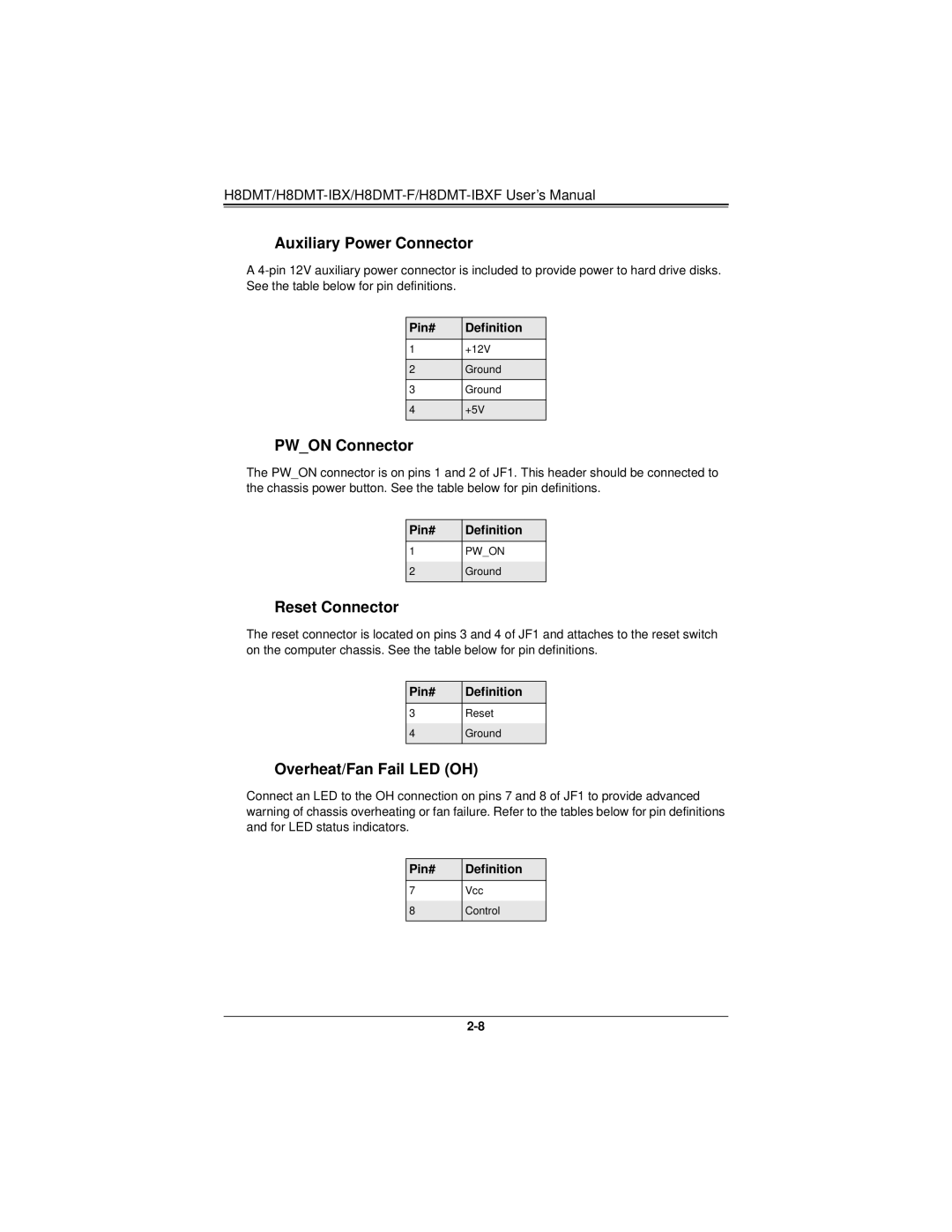 SUPER MICRO Computer H8DMT user manual Auxiliary Power Connector, Pwon Connector, Reset Connector, Overheat/Fan Fail LED OH 