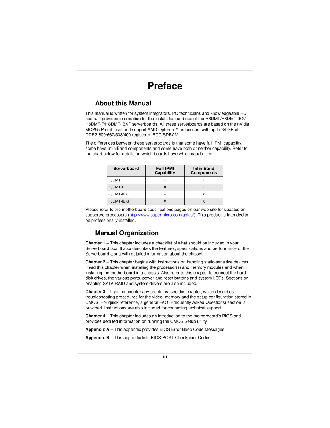 SUPER MICRO Computer H8DMT user manual Preface, About this Manual, Manual Organization 